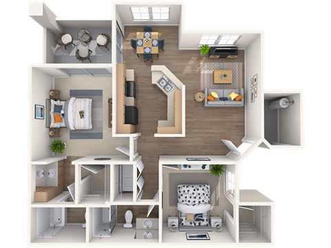A 3D rendered image of a modern apartment layout.